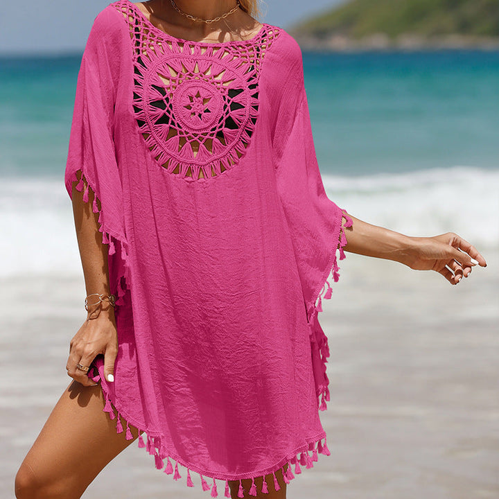 Women's beach tunic with artistic crochet design and fringed hems Lune London