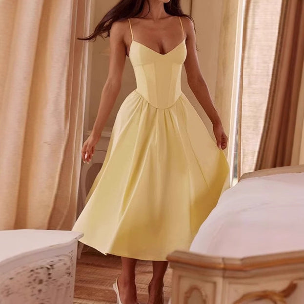 Women's Elegant A-Line Midi Dress with Spaghetti Straps and Soft Fabric Lune London