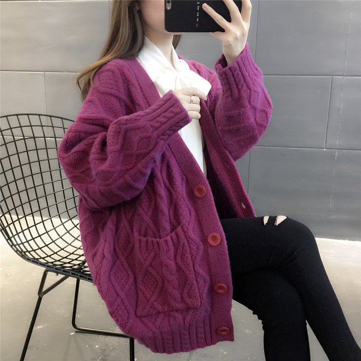 Ladies Waffle Knit Oversized Cardigan with pockets and button detail Lune London