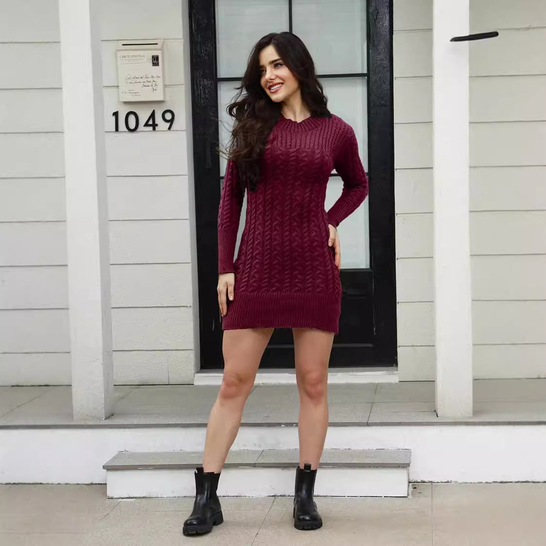 Women's knit dress with textured twisted design and elegant round neck Lune London