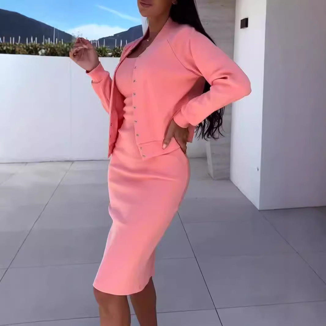 Women fashionable sweatshirt dress and chic jacket