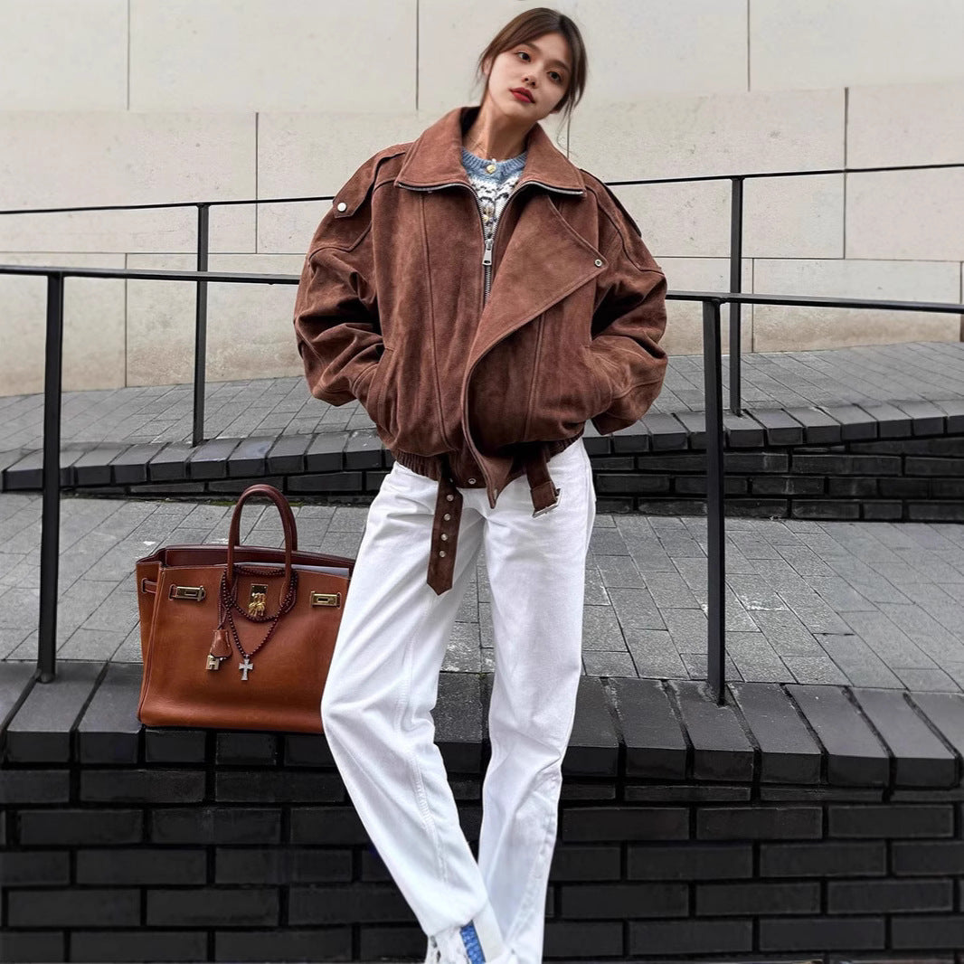 Women's oversized leather jacket with belt Lune London