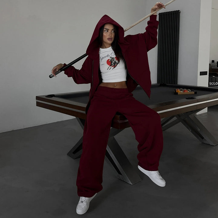 Ladies Comfortable Hooded Jacket and Wide Pants Sporty Relaxation Set Lune London