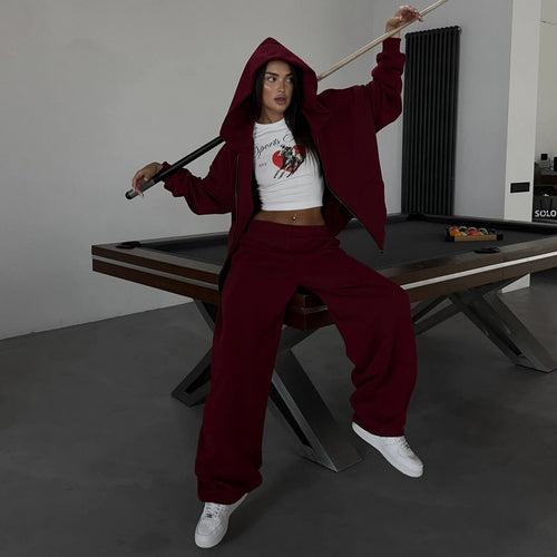Ladies Comfortable Hooded Jacket and Wide Pants Sporty Relaxation Set Lune London