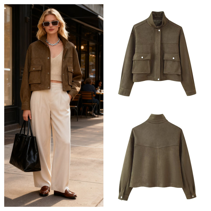 Veste utilitaire élégante pour femmes avec poches à double poitrine et col haut Chic & Stil
