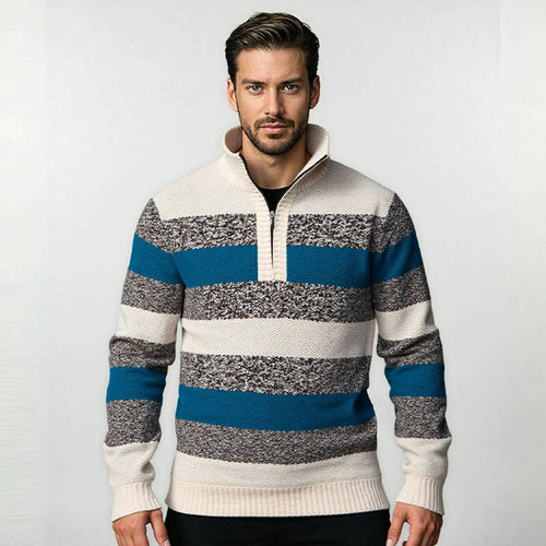Modern knitted sweater for men with half zipper and block stripes Lune London