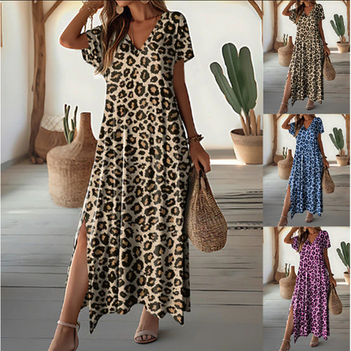 Maxi dress for women with modern leopard print, side slits, and V neck Lune London
