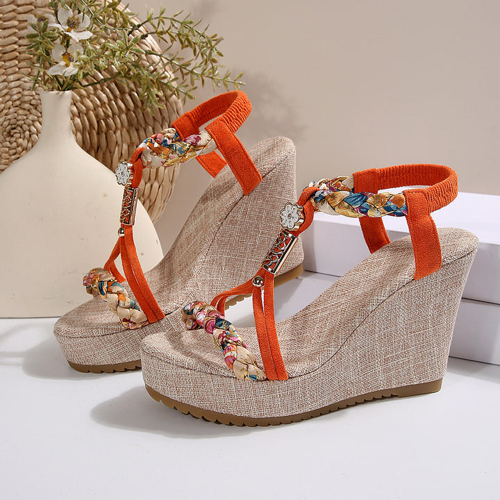 Wedge sandals for women with braided strap and elegant jewelry detail Lune London