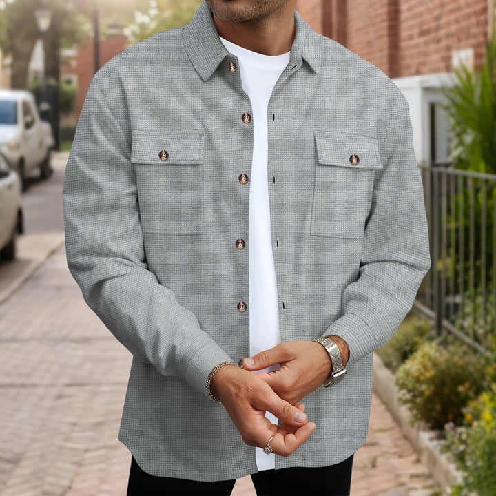 Casual plaid flannel jacket for men with practical chest pockets and Lune London fabric pattern
