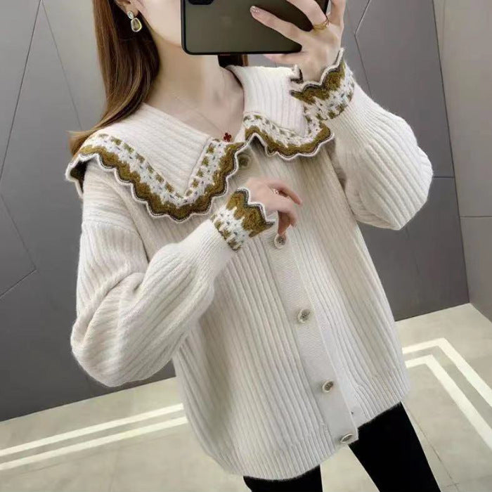 Knitted jacket for women with decorative collar and large buttons Lune London