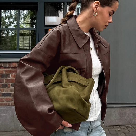 Faux leather jacket for women with oversized fit and practical pockets Lune London