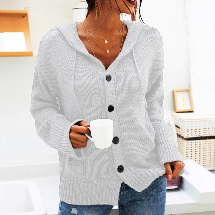 Ladies chunky knit cardigan with hood and practical pockets Lune London