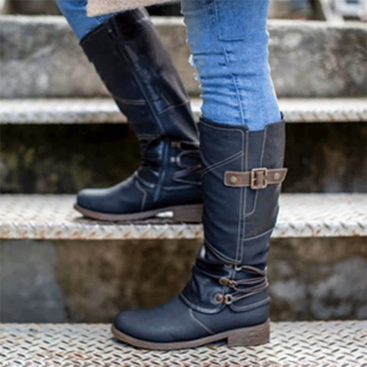 High leather boots for women with decorative buckles and elastic straps Lune London