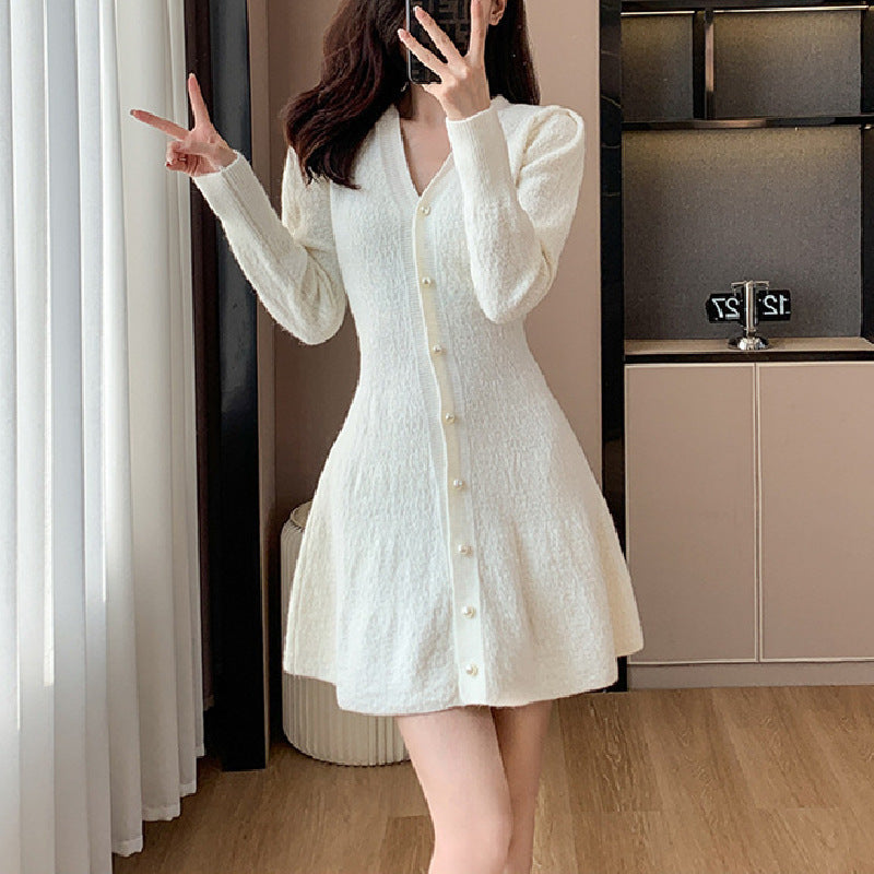 Knitted dress for women with button placket and voluminous sleeves Lune London