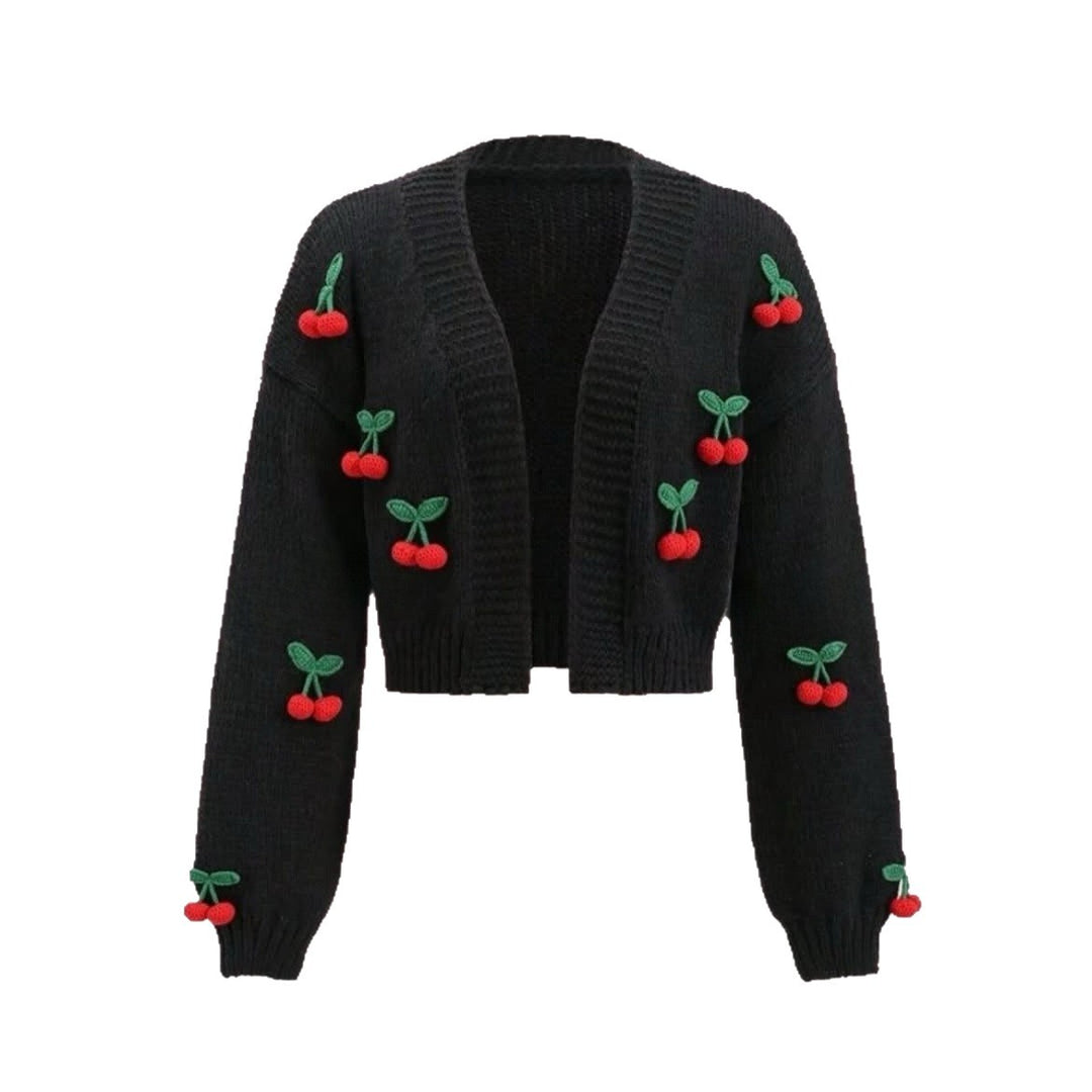 Knitted jacket for women with cheerful cherry pattern Lune London