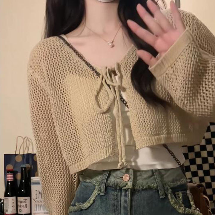 Lightweight knit jacket for women with button and tie belt Lune London