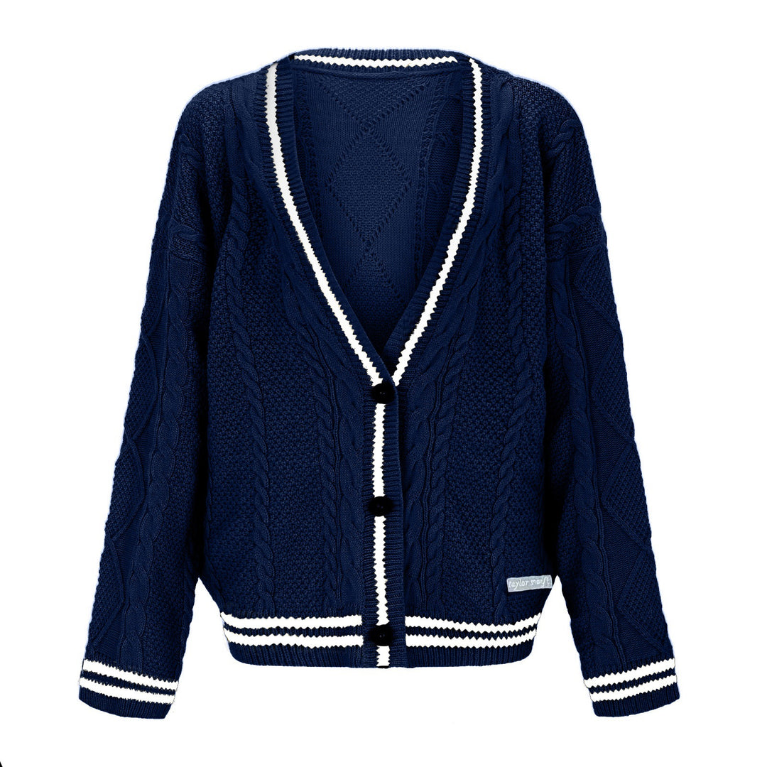 Chunky knit cardigan for women with deep V-neck and contrasting button details Lune London