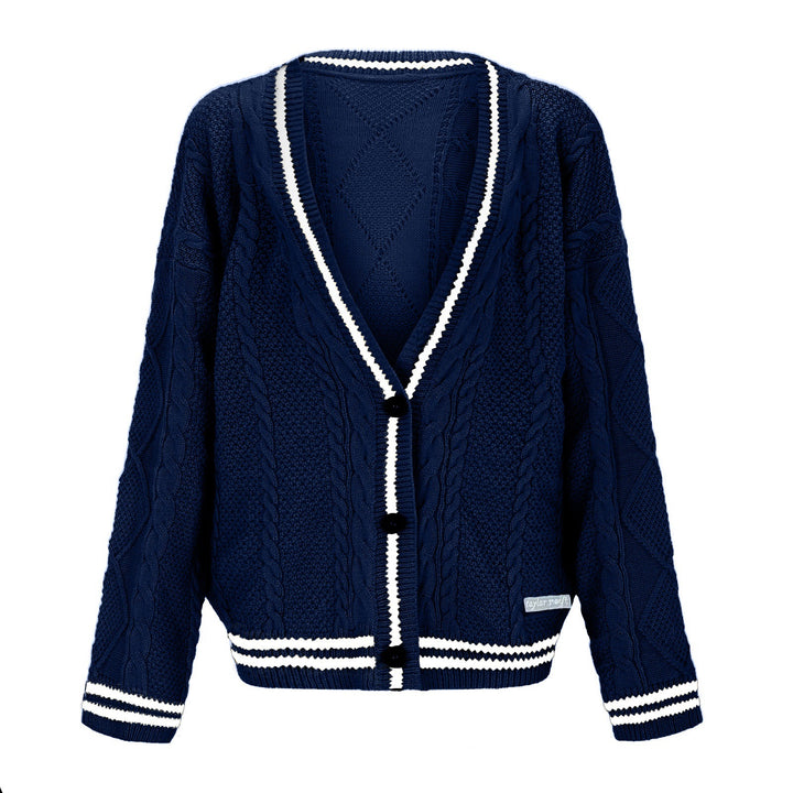 Chunky knit cardigan for women with deep V-neck and contrasting button details Lune London