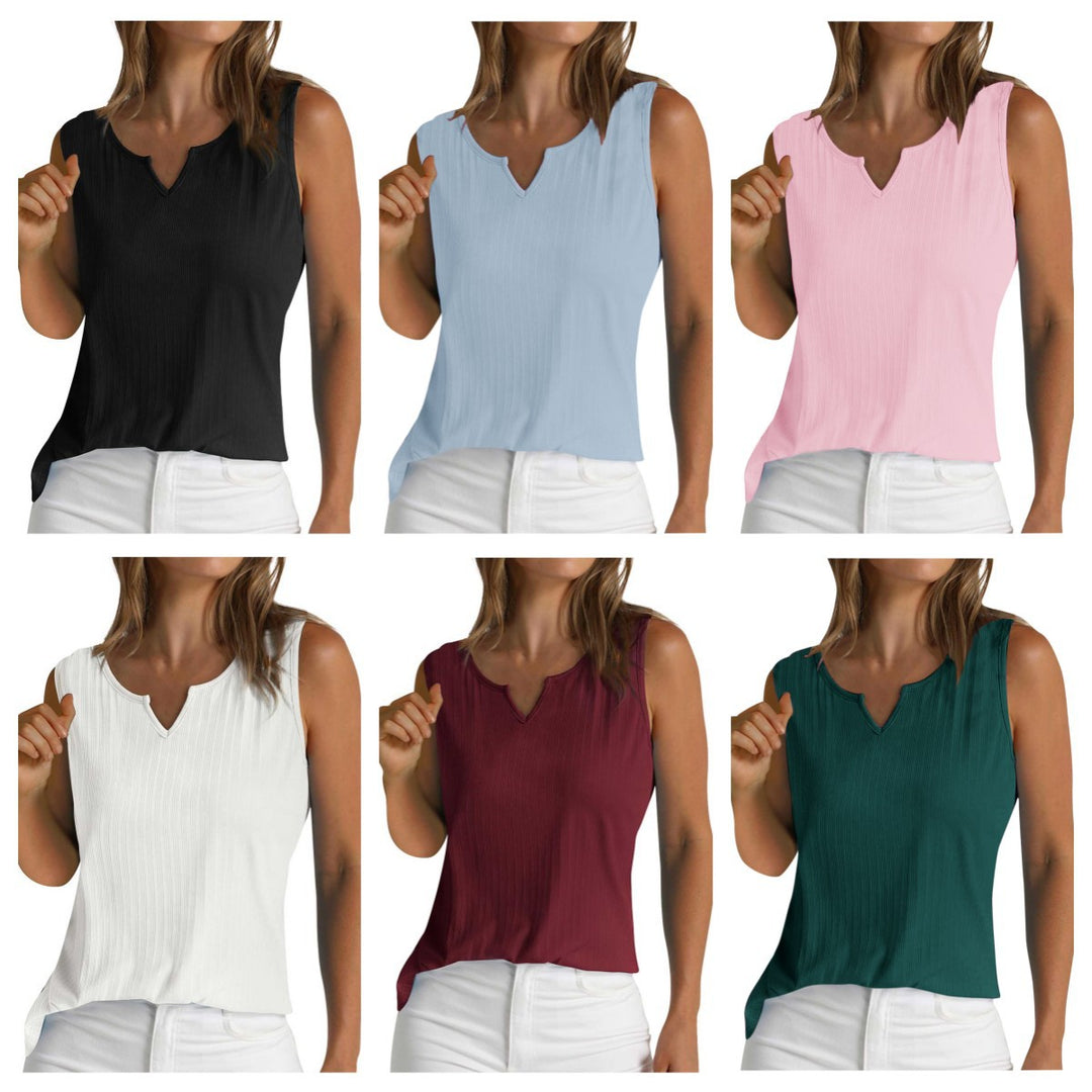 Sleeveless tank top for women with decorative V-neckline and fine ribbed texture Lune London
