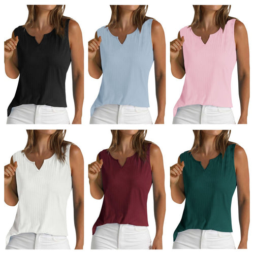 Sleeveless tank top for women with decorative V-neckline and fine ribbed texture Lune London