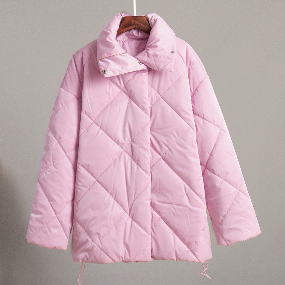 Ladies padded quilted jacket with high collar and practical pockets Lune London
