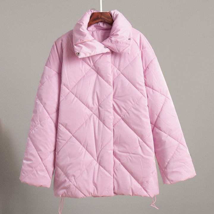 Ladies padded quilted jacket with high collar and practical pockets Lune London