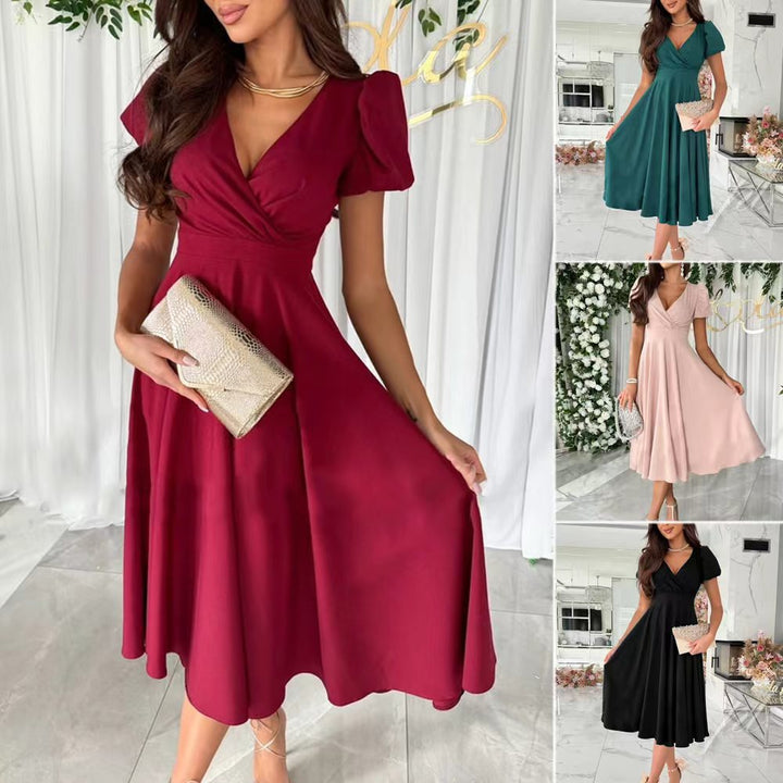Lune London | Stylish Commuting Solid Color V-Neck Puff Sleeve Dress