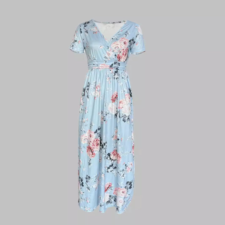 Maxi dress for women with deep V-neck and floral design Lune London