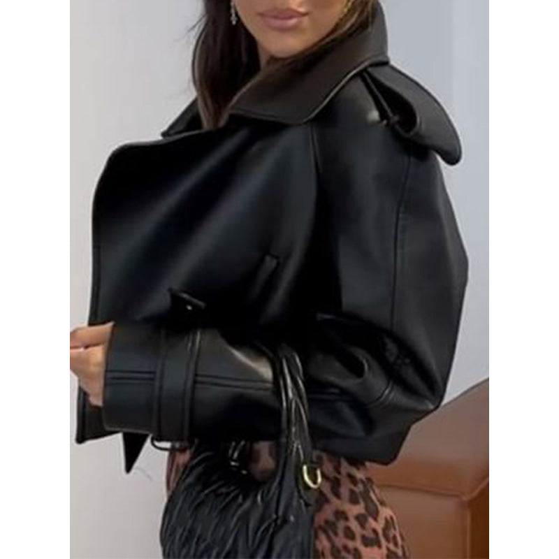 Short synthetic leather biker jacket for women with structured details Lune London