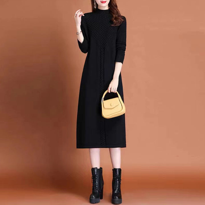 Maxi knit dress for women with high collar and elegant braided details Lune London