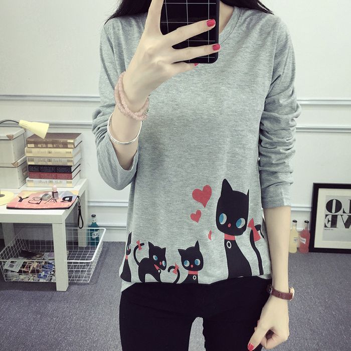 Women's Long Sleeve T-Shirt with Creative Cat Design Lune London