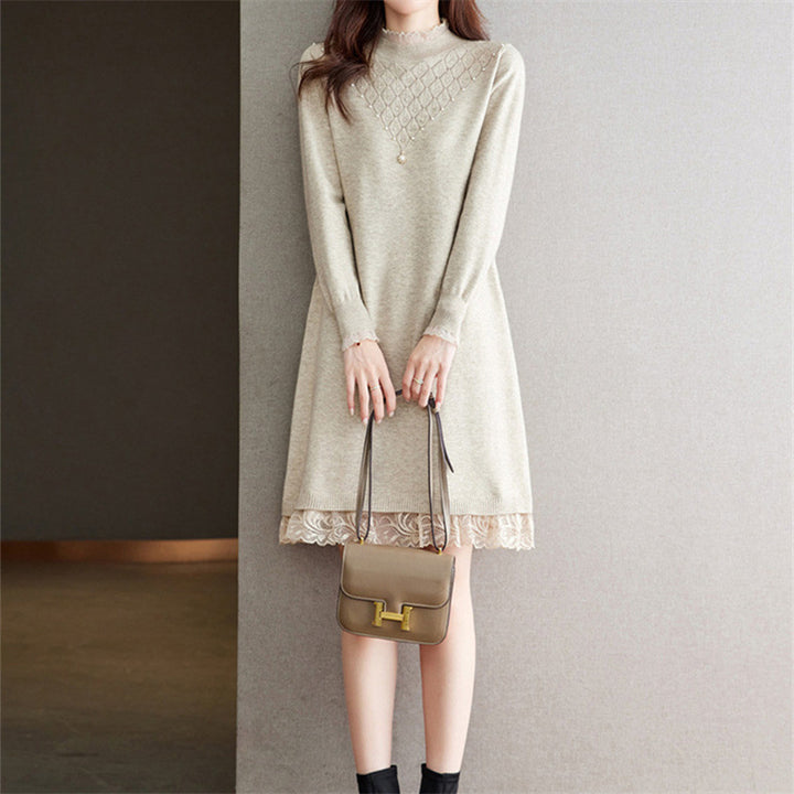 Knit dress for ladies with high collar and lace finish Lune London