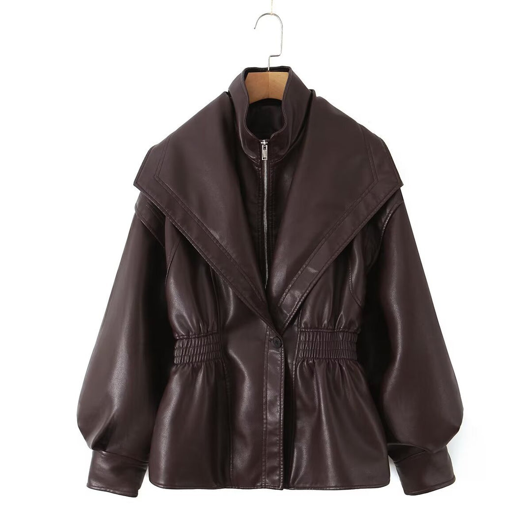 Faux leather jacket for women with asymmetrical collar and fitted cut Lune London
