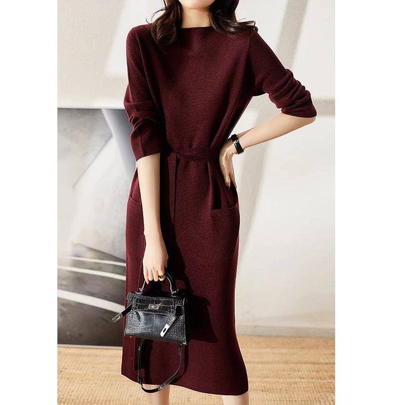 Elegant knitted midi dress for women with belted waist Lune London