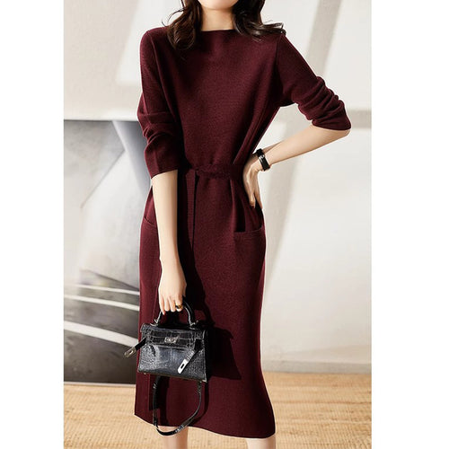 Elegant knitted midi dress for women with belted waist Lune London