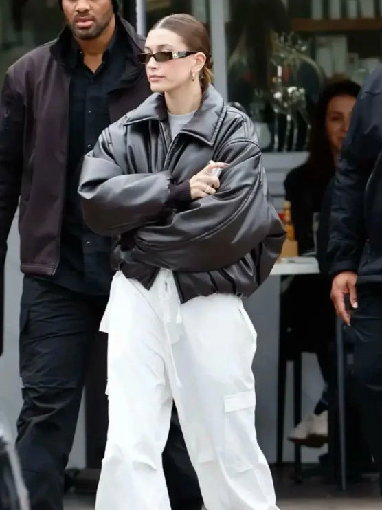 Quilted jacket for women in faux leather with high collar and elastic cuff Lune London