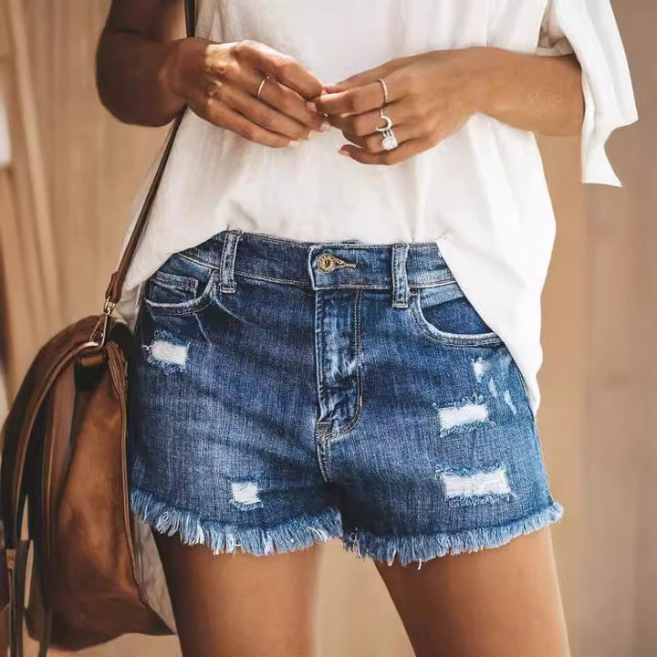Women's Destroyed Denim Shorts with Frayed Hem and Casual Cut Lune London