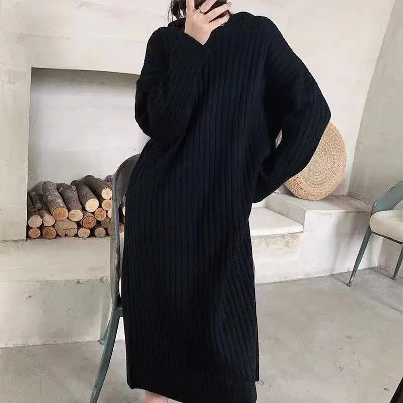 Pull long en tricot pour femmes avec capuche et fine structure en côtes Chic & Stil