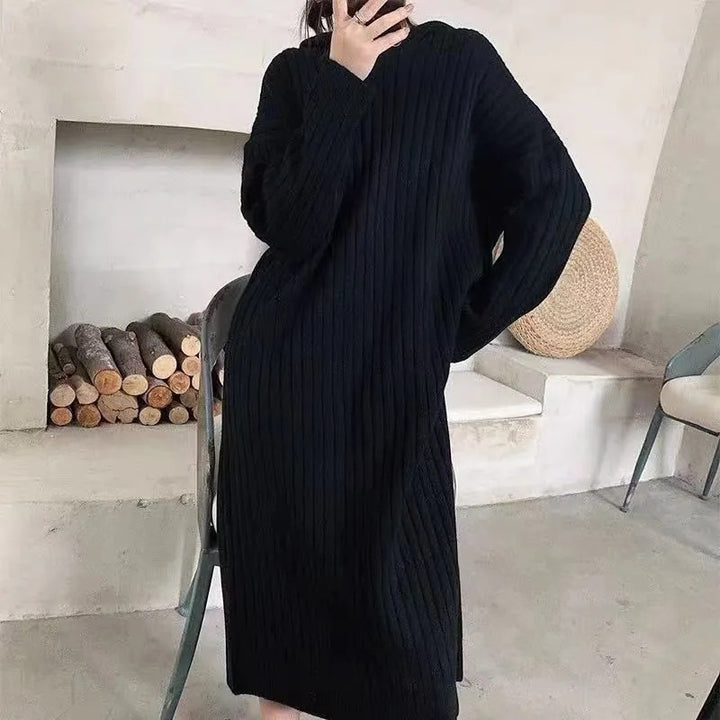 Pull long en tricot pour femmes avec capuche et fine structure en côtes Chic & Stil