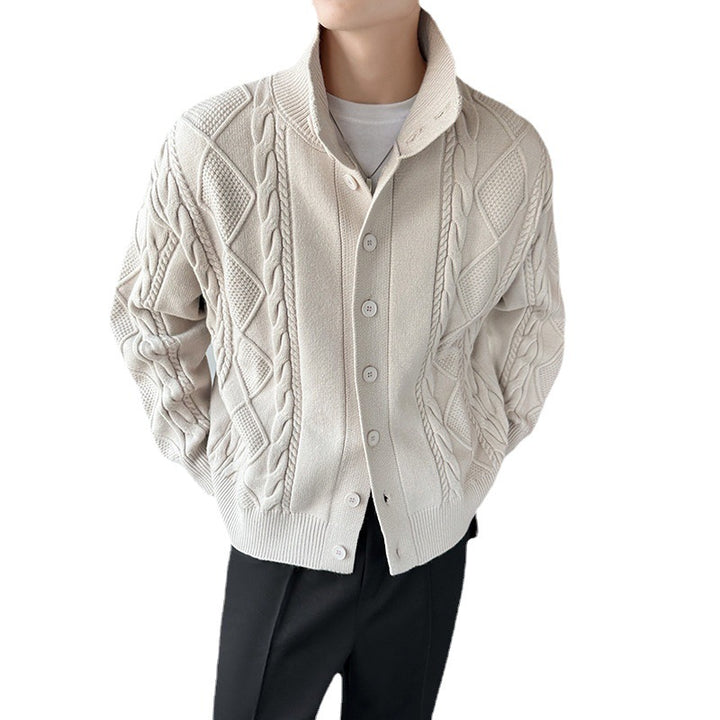 Chunky knit sweater for men with modern high collar and button placket Lune London