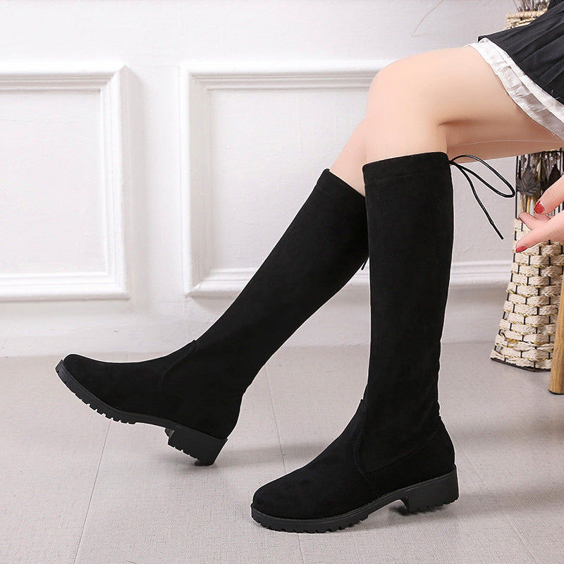 Knee-high boots for women with a velvet surface and adjustable lacing detail Lune London