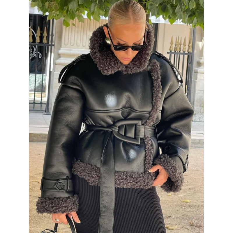 Faux leather jacket for women with plush lining and stylish belt Lune London
