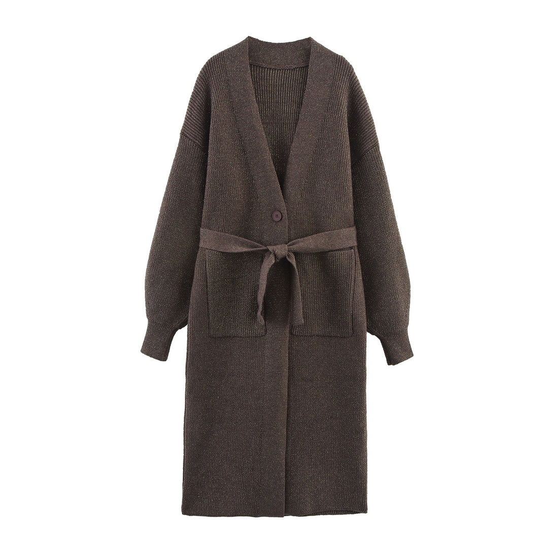 Ladies Long Knit Cardigan With Belt And Pockets Lune London
