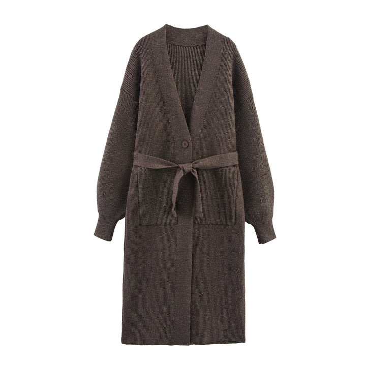 Ladies Long Knit Cardigan With Belt And Pockets Lune London