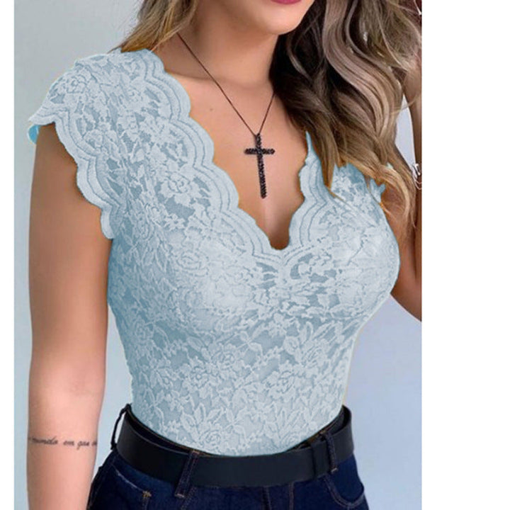 Women's Lace Bodysuit with Deep V-Neck and Ruffle Sleeves Lune London