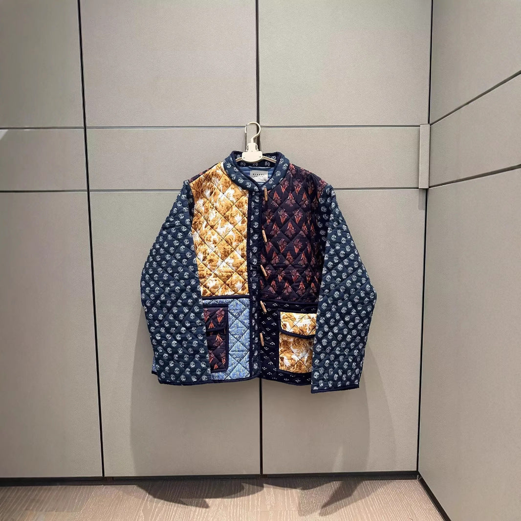 Ladies patchwork quilted jacket with elaborate patterns and practical pockets Lune London