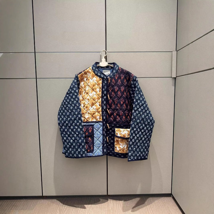 Ladies patchwork quilted jacket with elaborate patterns and practical pockets Lune London
