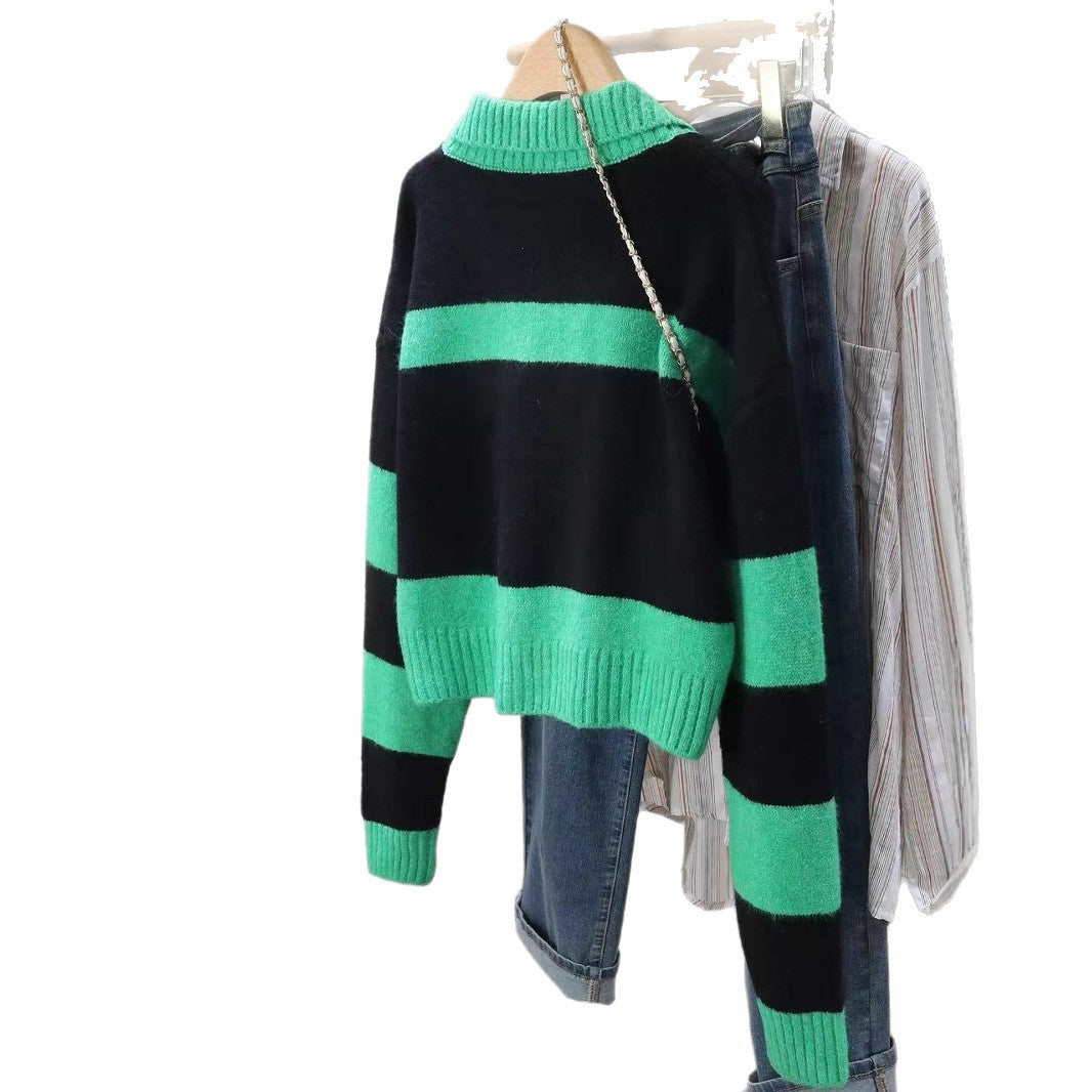 Knit sweater for women with deep V-neck and striped design Lune London