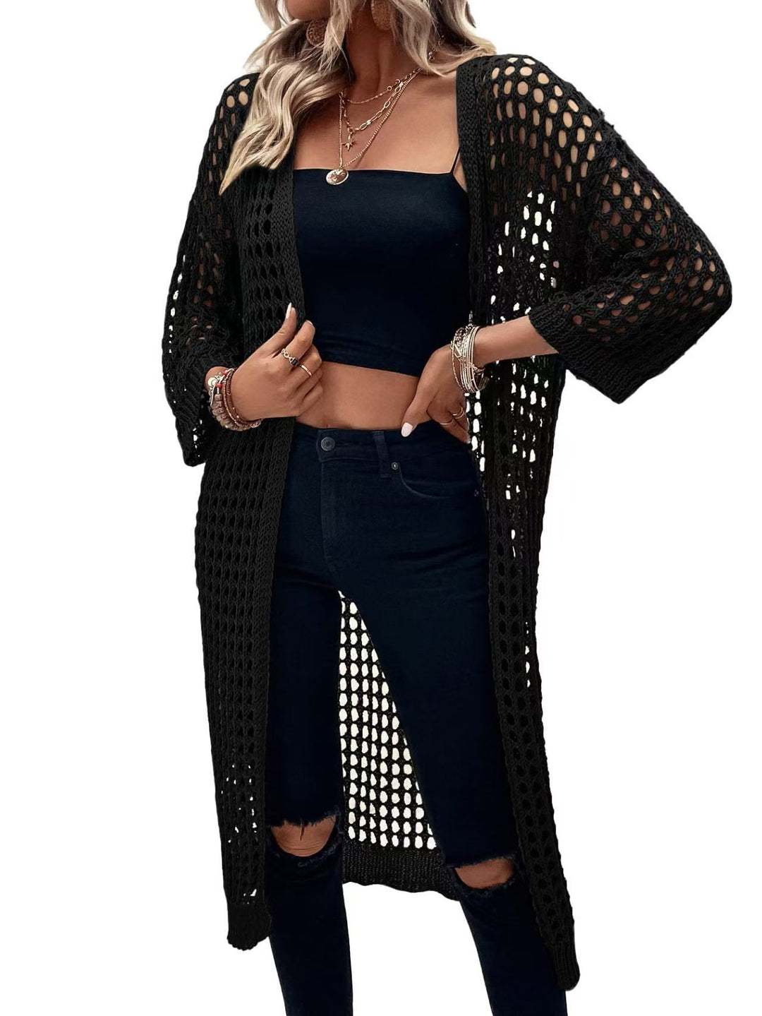 Ladies Long crochet cardigan with a loose structure and flared sleeves Lune London