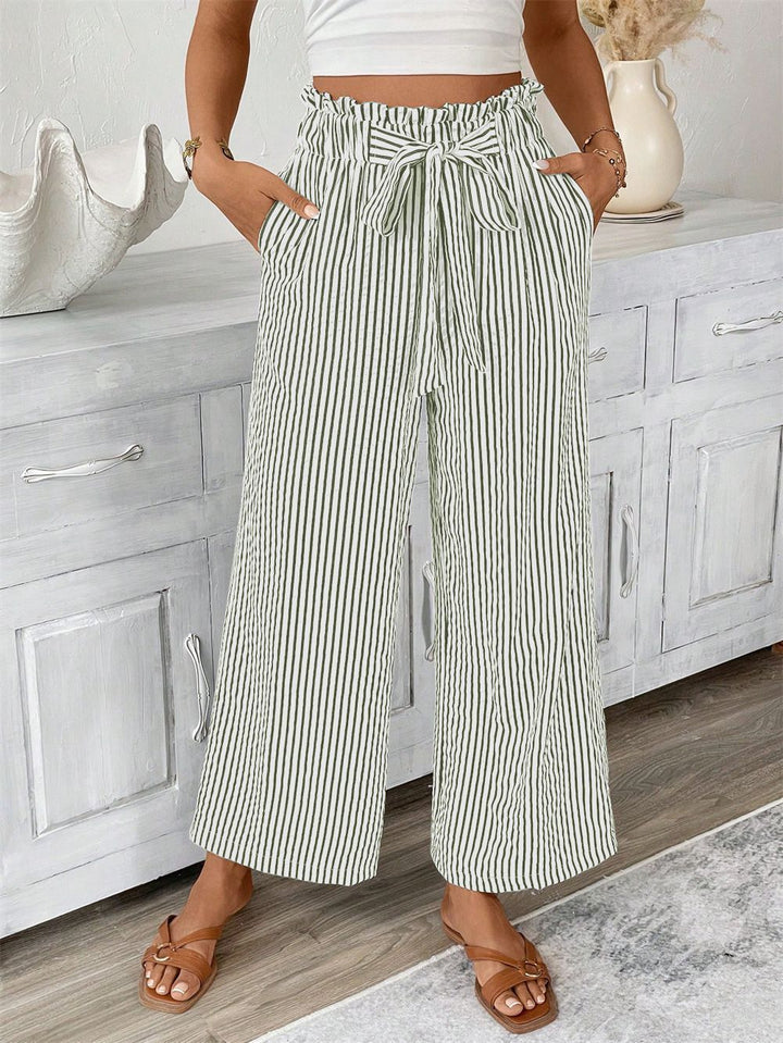 Wide striped leisure trousers for women with a tie belt Lune London